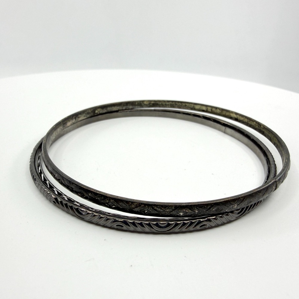 Y2K Set of 3 Dark Silver Etched Stacking Bangles Fashion Jewelry